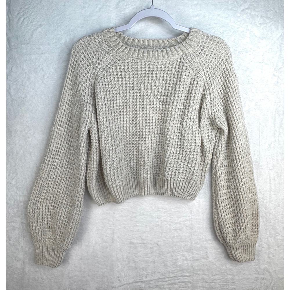Altard State Chenille Waffle Knit Sweater Medium Oatmeal Cream Balloon Sleeve - Picture 2 of 11